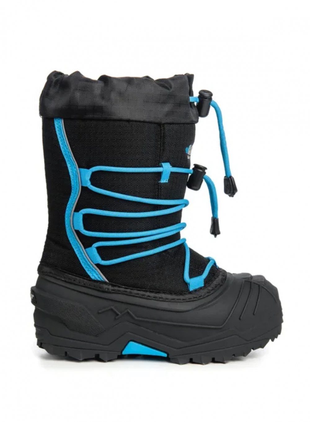 Vanntette og varme sko i fargene sort med blå lisser. 